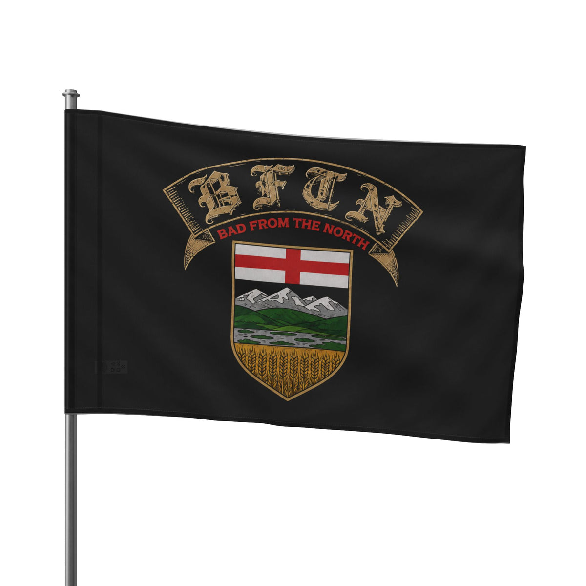 BERTA BFTN Crest Flag — flying on pole against blue sky and building facade