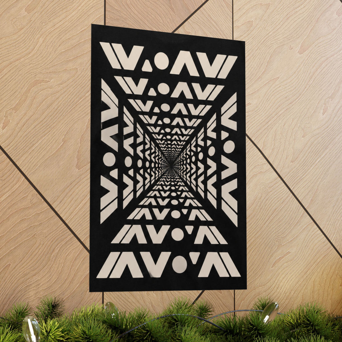 Geometric Tunnel matte poster on wood-panel wall with holiday greenery