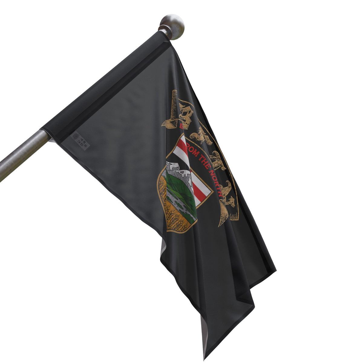 BERTA BFTN Crest Flag — side angle on pole showing flag drape and crest detail