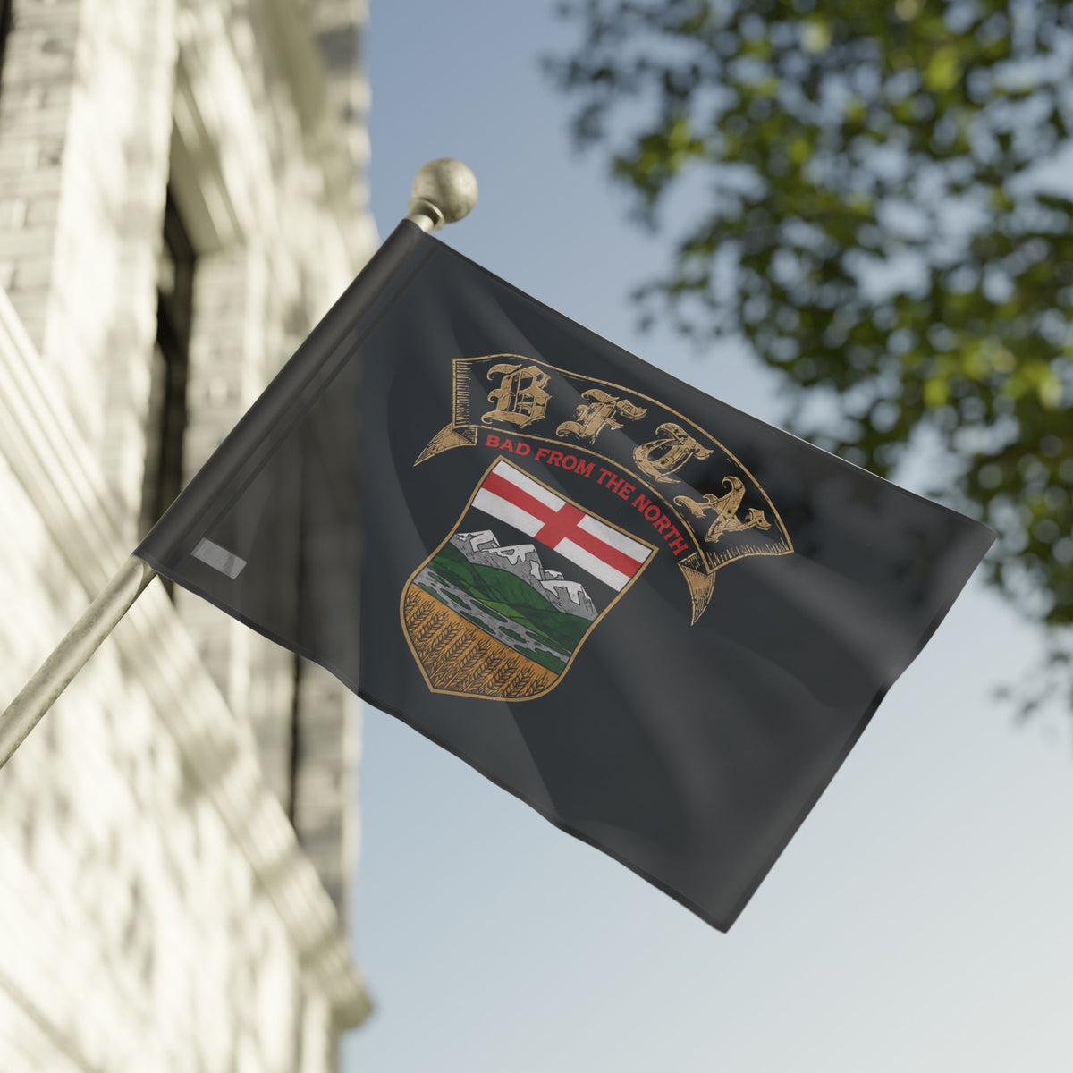 BERTA BFTN Crest Flag — angled lifestyle shot showing full flag on pole against white background