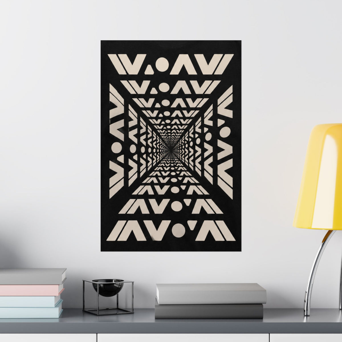Geometric Tunnel matte poster on white wall above desk with lamp and books