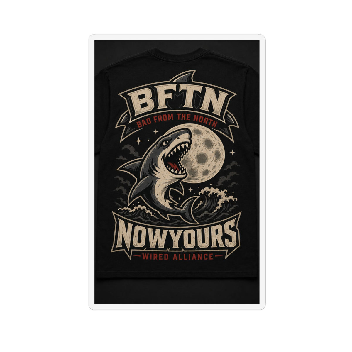 BFTN Shark Moon custom shape magnet — retro ocean badge with shark, moon, and Wired Alliance banner