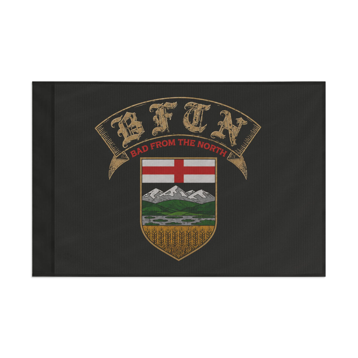 BERTA BFTN Crest Flag — flat product shot showing full crest design on dark satin polyester