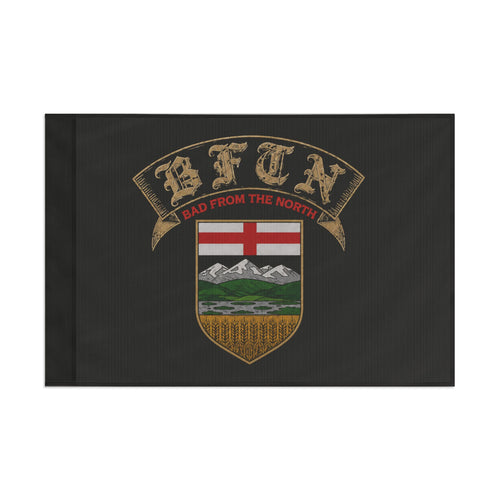 BERTA BFTN Crest Flag — flat product shot showing full crest design on dark satin polyester