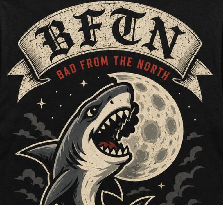 Late Night Great White artwork — BFTN gothic lettering, great white shark lunging at full moon